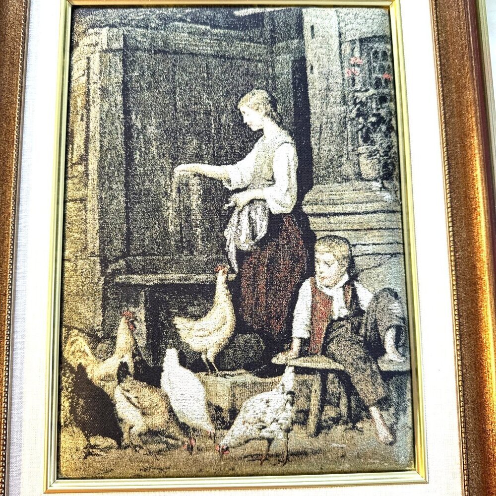 Fiber Art Albert Anker The Poultry Yard Framed Vintage Chicken Woman 20x13.5 - Picture 2 of 13